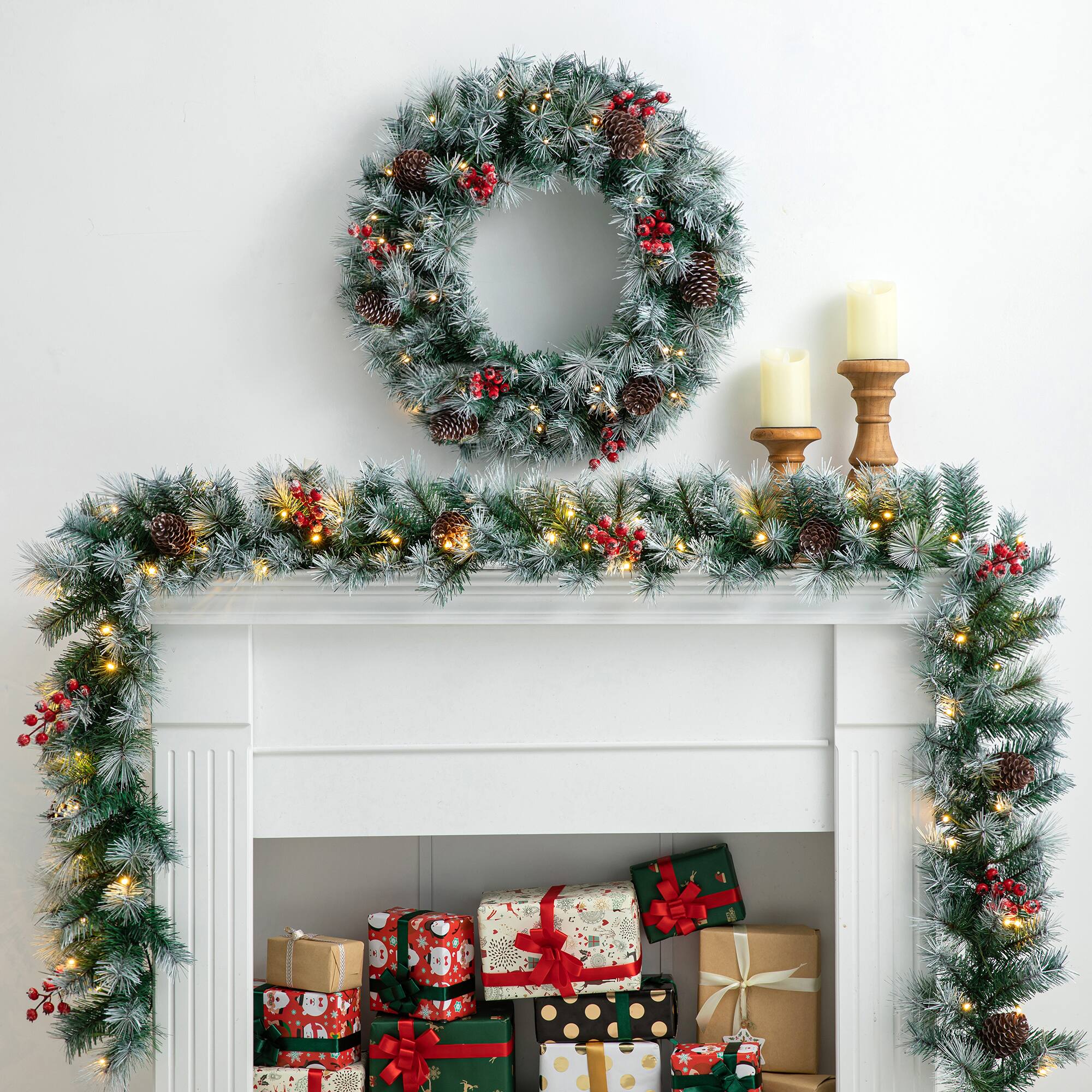 Glitzhome® 9ft. Pre-Lit Greenery Pinecones & Red Berries Christmas Garland